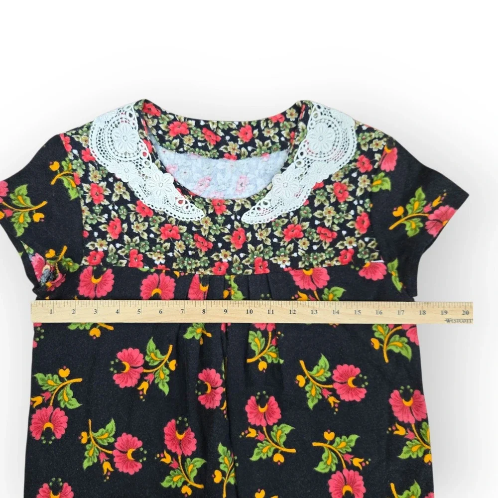 VTG 70s Handmade Floral‎ Dress Vintage Girls Red Lace Size 12, 18
